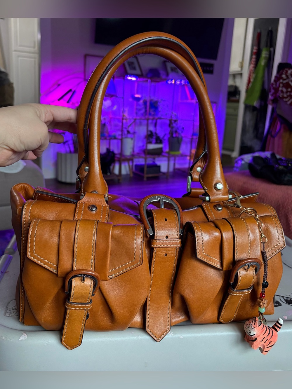 Karen Millen Tan Leather Satchel with Buckle Pockets